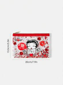 Betty Boop x SHEIN Estuche de cosméticos transparente brillante con personajes de dibujos animados y estampado floral de rosas, regalo para el amante