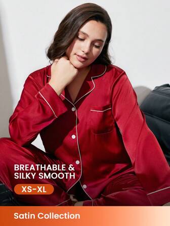 LUVLETTE Pijama navideño de otoño e invierno, conjunto de pijama de satén básico con botones, de color rojo y burdeos, para mujer, dama de honor, ropa de estar por casa para mujer en otoño