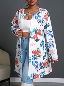 Slaydiva Casual Basic - Plus Size Women Stretchy Knit Tropical Plant Print Cardigan, Fall/Winter, Teacher - White - View 4