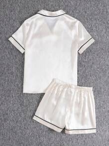 SHEIN 2pcs Teenage Girls Satin Contrast Color Bow Blouse And Shorts Pajama Set - Beige - View 2