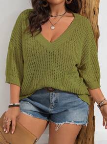 SHEIN Franclia 大码宽松纯色镂空毛衣 - 軍綠色 - 查看 4