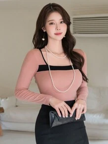 DAZY Women's Crew Neck Contrast Color Fitted Long Sleeve T-Shirt,Fall Women Clothes