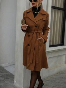 Aveloria Modichic Women's Faux Suede Trench Coat Notched Lapel Double Breasted Jacket With Belt 
