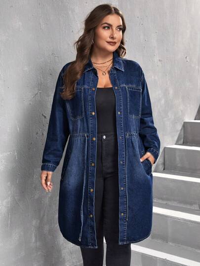 EMERY ROSE Mature Denim Plus Size Women Drawstring Waist Long Sleeve Casual Loose Denim Jacket, Spring & Autumn, Fall Women Clothes