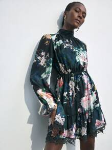 Maija Vestido floral elegante de manga larga y corta para mujer