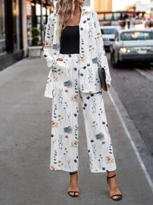 SHEIN Clasi 2 件套优雅花卉印花女式长袖上衣和裤子套装，适合秋冬季 - 彩色 - 查看 5