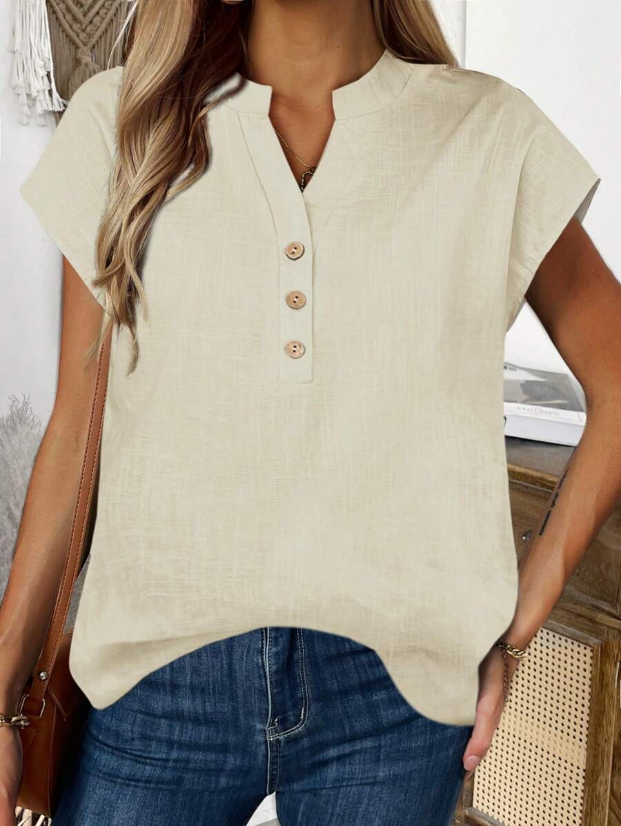 EMERY ROSE 夏季假期休閒純色凸口領短袖襯衫 - 杏色 - 查看 1