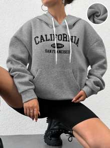 RueChic Letter Graphic Kangaroo Pocket Drop Shoulder Drawstring Hoodie - Grey - View 1