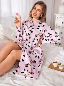 Áo choàng tắm trùm đầu dài tay họa tiết gấu trúc cho nữ, dành cho mùa thu đông - Hồng - Xem 5