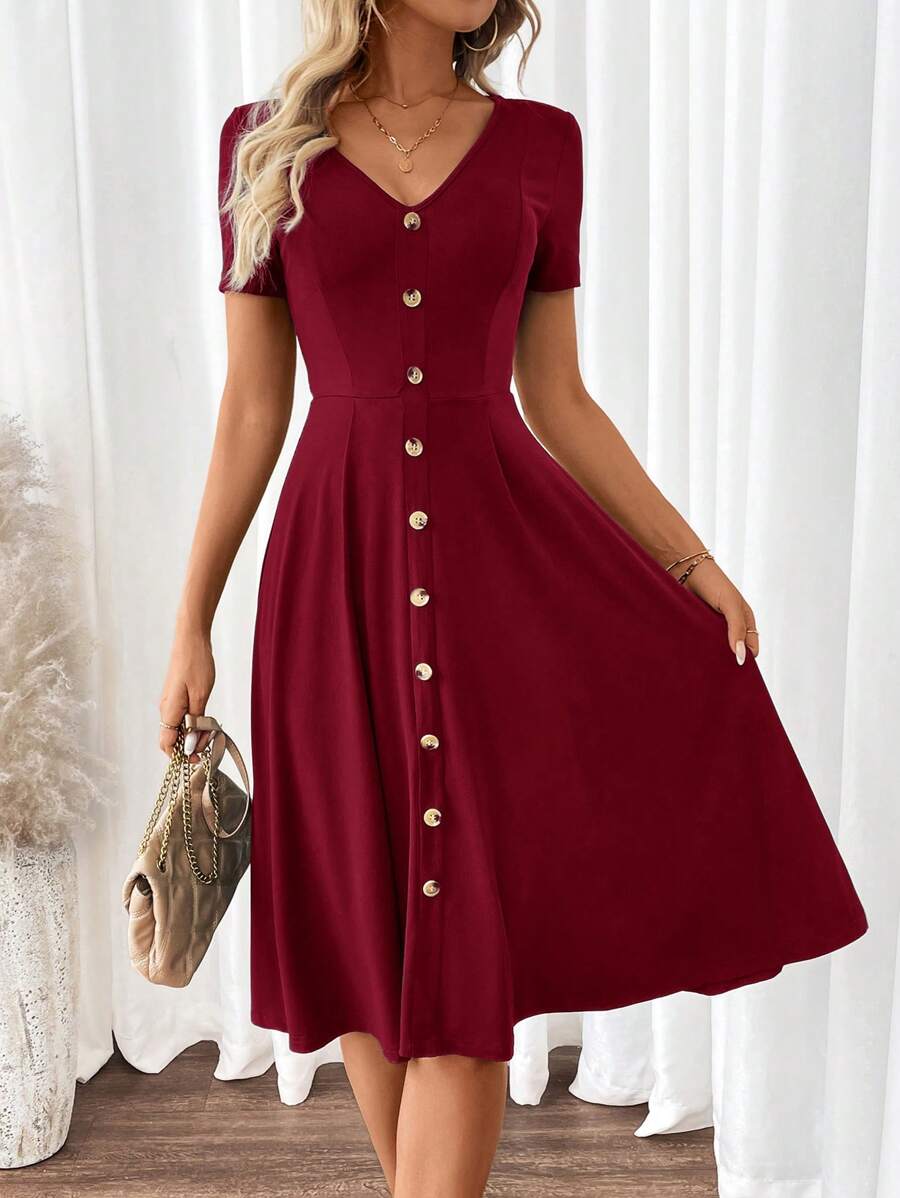 SHEIN Clasi 女士优雅 V 领短袖 A 字形绿色连衣裙 - 酒紅色 - 查看 1