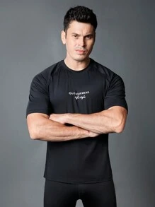 Gym Rark Boyfriend Style Men's Simple Printed Round Neck Short Sleeve Sports T-Shirt BreathableTop - Black - View 6