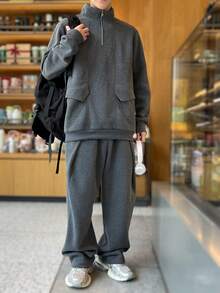Claim Dot 男士纯色拉链半襟休闲运动衫和运动裤宽松套装，春秋季 - 深灰色 - 查看 3