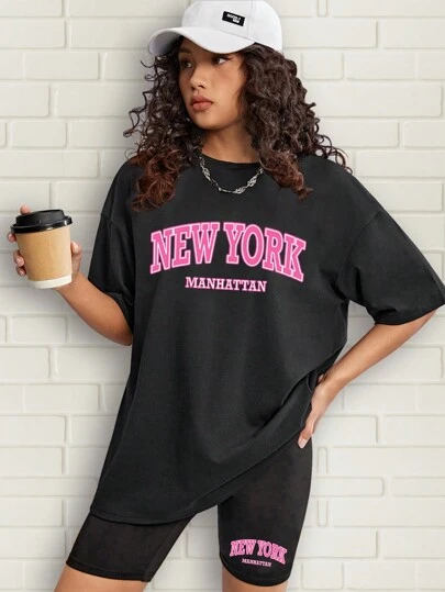 Teen Girl Fashion Printed Short Sleeve T-Shirt And Cycling Shorts Set