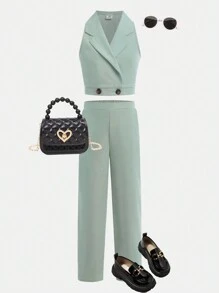 SHEIN Nova Glow 2pcs Tween Girls' Collared Vest And Pants Set - Mint Green - View 2