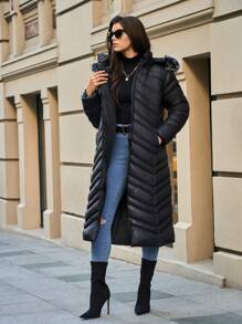 EURMUSE Fur Detailed Zigzag Designed Wintercoat - Black - View 4