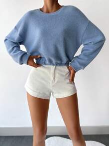 EURMUSE Solid Drop Shoulder Crop Sweatshirt - Baby Blue - View 4