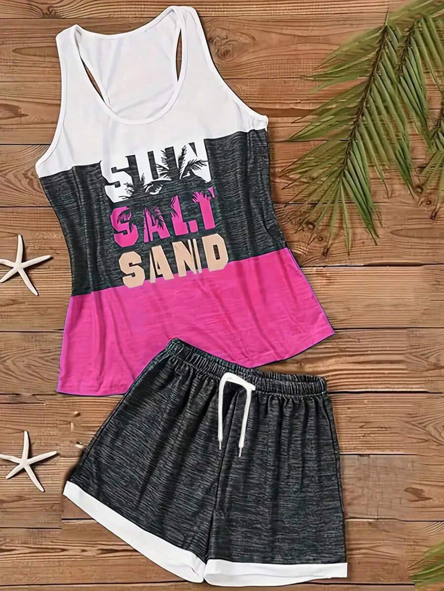 EMERY ROSE 2 件套女士圆领无袖字母印花拼色针织上衣和抽绳休闲短裤套装 - 玫紅色 - 查看 1