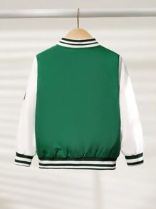 SHEIN Chaqueta ligera de estilo coreano informal para niños y niños pequeños con estampado de letra y gráfica, mangas de contraste, cuello de béisbol, frente abierto, adecuada para ir y venir, escuela, uso diario casual, vacaciones, deportes, primavera, verano, otoño e invierno, tipo bomber - Verde - Ver 2
