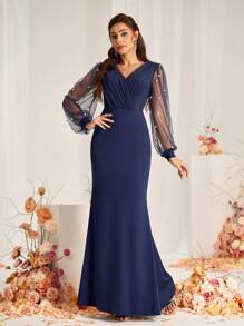 SHEIN Belle Váy dài tay cổ chữ V bằng vải lưới dệt kim màu xanh navy thanh lịch dành cho nữ có đính ngọc trai, phù hợp cho trang phục trang trọng phù dâu tiệc cưới - Màu xanh hải quân - Xem 3