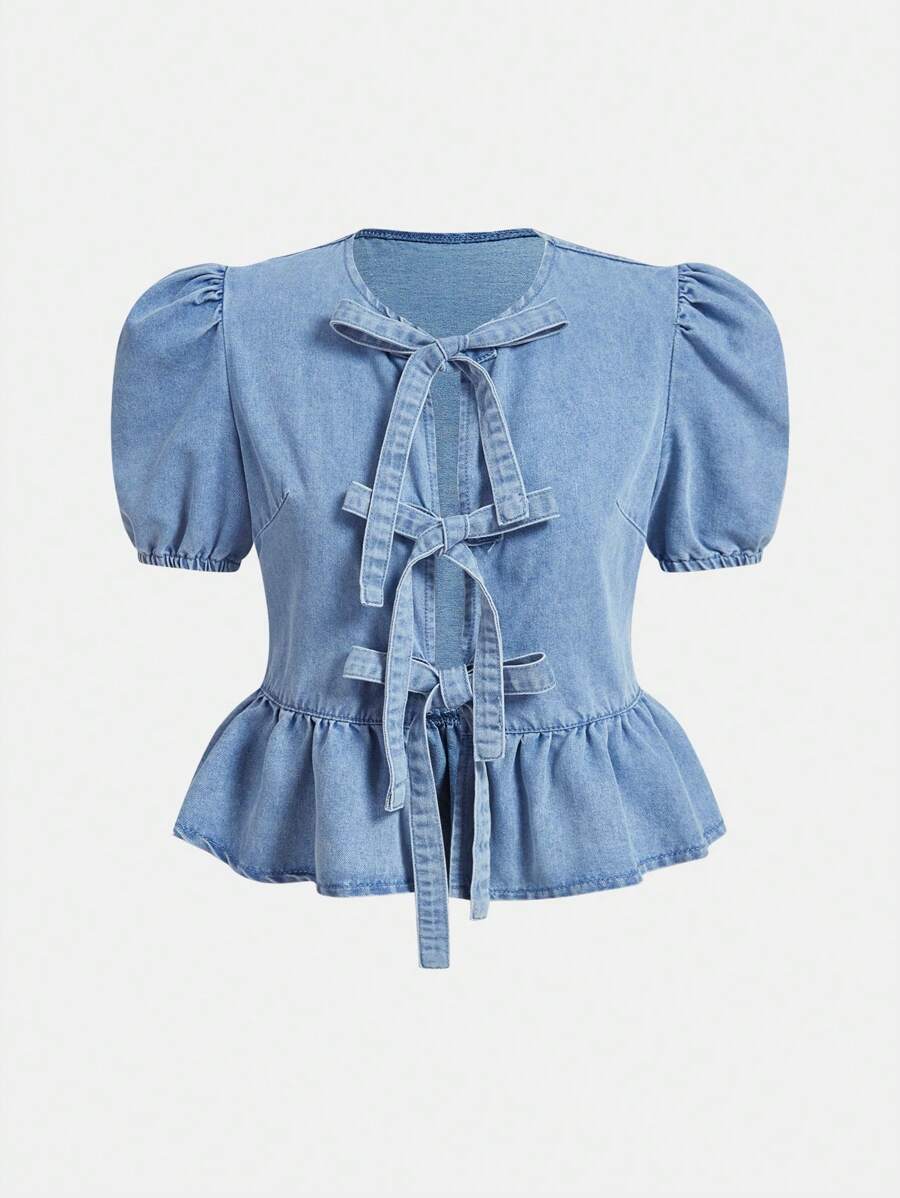 SHEIN MOD Women's Denim Top With Bow Decor, Round Neck, Puff Sleeves And Ruffle Hem, Summer - Light Wash - View 1