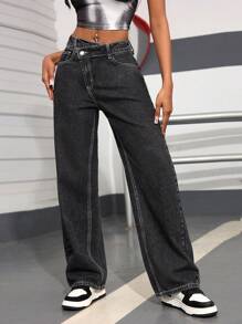 SHEIN PETITE Quần Jeans Ống Thẳng Rộng Có Túi Vá Eo Bất Đối Xứng Thường Ngày Cho Nữ - Màu xám đen - Xem 2