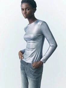 Maija Damska koszulka w jednolitym kolorze, minimalistyczna, do noszenia na co dzień, z okrągłym dekoltem i długim rękawem, jesienne stylizacje