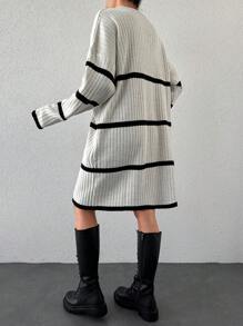 EURMUSE 女士休闲撞色条纹针织连衣裙，秋冬款 - 米色 - 查看 2