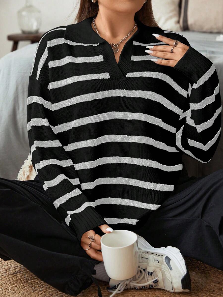 Vionelle Plus Size Women's Color Block French Striped Collared Knit Sweater Top, For Winter Knit Pullover Fall - Black - View 1