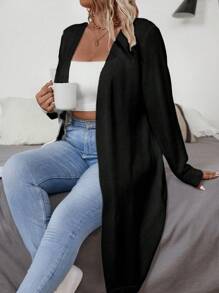 SHEIN Plus Size Women's Solid Color Long Sleeve Open Front Casual Maxi Black Sweater Cardigan For Autumn/Winter Fall Cloth For Women