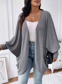 Calvaya Plus Size Women's Solid Color Batwing Sleeve Open Front Loose Coat, Spring & Autumn - Grey - View 3