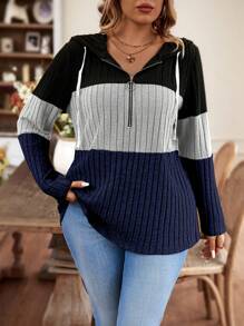 EMERY ROSE Sudadera con capucha casual con cuello en V, cremallera decorativa, manga larga, suave tejido de punto acanalado, peludo, de tres colores con empalme en contraste, talla grande