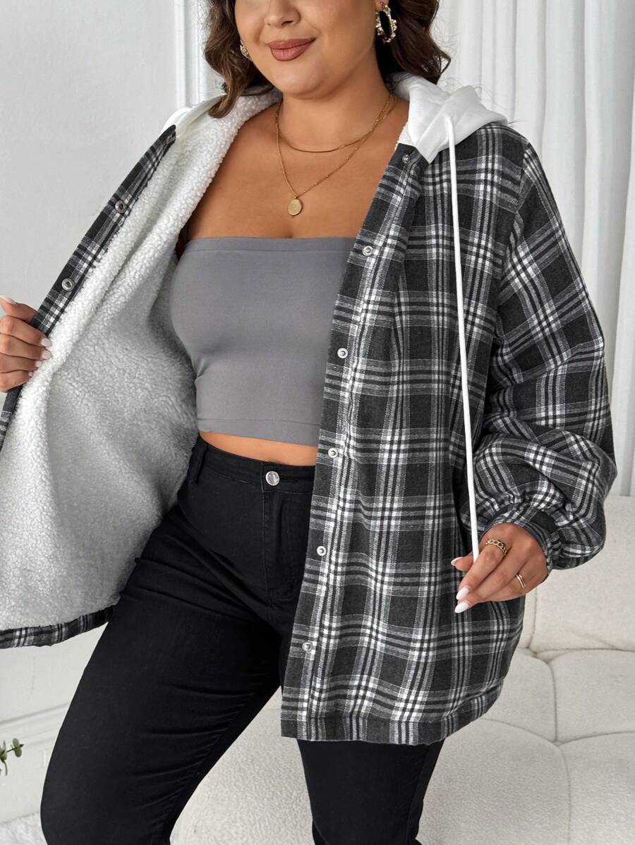 SHEIN LUNE 大码女式休闲格子连帽大衣棉质夹克 - 彩色 - 查看 1