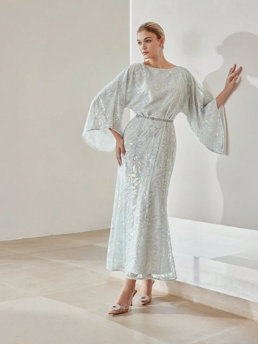 MOTF PREMIUM SEQUIN EMBROIDERY PLANTS PATTERN BELL SLEEVE MERMAID HEM LONG DRESS WITHOUT BELT