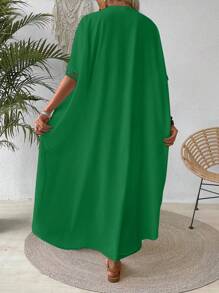 SHEIN LUNE 2 piezas/set Camisa y pantalones sueltos casuales con cuello en V y parche de encaje - Verde - Ver 2