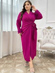 Modelyn Váy dài tay thắt nút đơn giản hàng ngày màu trơn cỡ lớn cho nữ, váy maxi cho trang phục thường ngày/ngày lễ/tiệc cưới/buổi tối dài - Màu tím - Xem 5