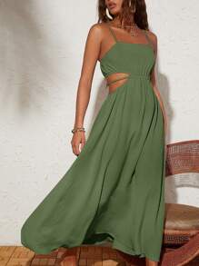 Travachic Solid Color Woven Backless Tie-Waist Dress For Vacation - Green - View 1