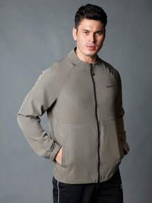 Manfinity Fitness Boyfriend Style Men's Casual Letter Print Raglan Sleeve Long Sleeve Sports Jacket, Spring & Autumn Outdoor Top Sports Jacket - Army Green - View 6