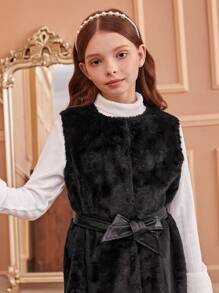 Tween Girls Sleeveless Fluffy Jacket With Belt, Warm And Elegant Autumn Winter - Black - View 6