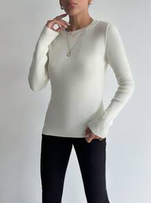 EURMUSE Solid Ribbed Knit Jumper - White - View 5