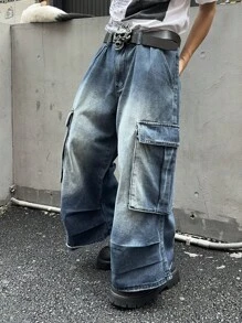 Manfinity Roghcode Men's Washed Faded Denim Jeans - Blue - View 6