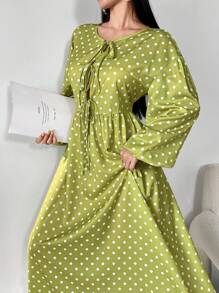 Mulvari Damen Kleid mit Langarm und Bindekordel vorne, mit Polka Punkt Muster