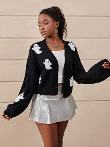 SHEIN Cute Black And White Autumn Cropped Relaxed Cardigan,Spring&Summer Holiday,Back To School College Streetwear Casual Home Travel Gathering Shopping - Black and White - View 3