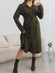 SHEIN Maternity Casual Button Shirt Dress, Long Loose Pregnancy Dress For Fall Season