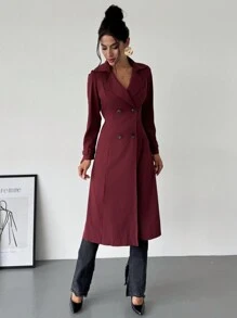 SHEIN Privé Abrigo trench largo elegante, de doble pechera y cintura ceñida en línea A para mujer