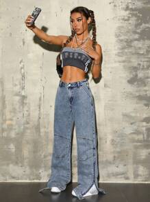 SHEIN ICON 女式宽松直筒牛仔裤，带口袋 - 藍色 - 查看 6