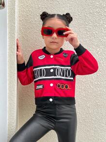 SHEIN Explorewe Chaqueta de béisbol de manga larga con cuello de canalé y estampado de letras elegante para niñas pequeñas - Rojo - Ver 5