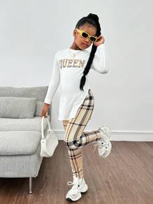 SHEIN 2pcs Tween Girl Side Slit Round Neck Long Sleeve T-Shirt & Graphic Print Leggings Set - White - View 3