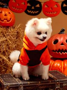 PETSIN 1pc Pet's Halloween Cute Expression Orange-Black Contrast Fleece Hoodie, Warm Sweatshirt For Cat & Dog - Multicolor - View 4
