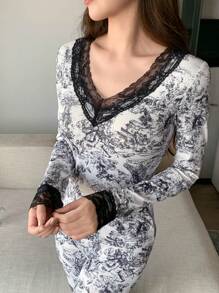 DAZY Lace Patchwork Pattern Allover Print Slim V-Neck Long Sleeve Top And Long Pants Pajama Set, Fall Clothes - Black and White - View 5