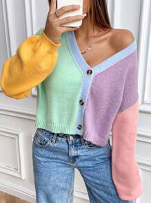 Chiquease Contrast Color Loose Cropped Cardigan, Sweet College Style Knit Sweater Jacket